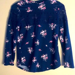 Girls Navy and Floral Long Sleeve Shirt